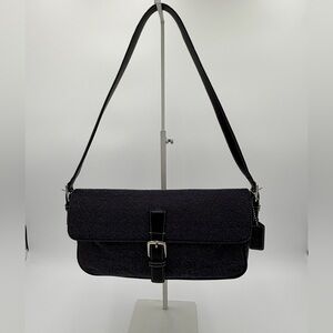 Vintage Coach E0J-7763 Black Denim Wool Flap Shoulder Bag Y2K Baguette Buckle